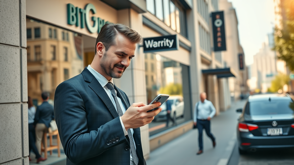Corporate office exterior, business contact info review, clear signage, staff checking phone number details