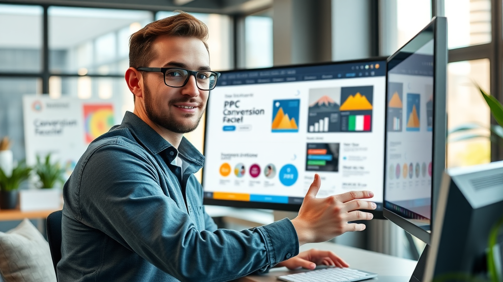 Conversion-focused web designer optimizing PPC landing page on a large digital monitor