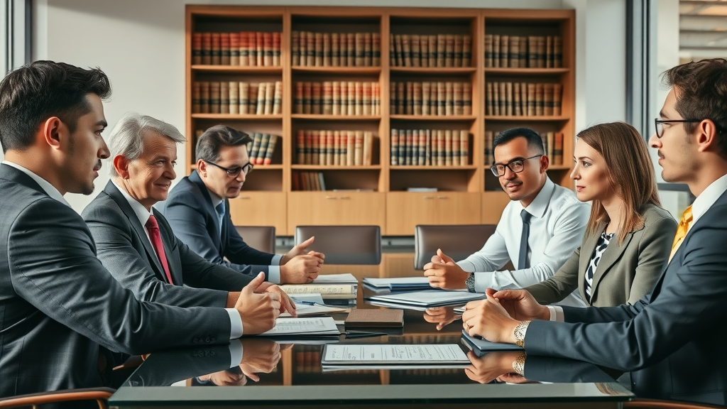 Client acquisition for attorneys: Attorneys discussing strategy for law firm growth around a modern conference table in a sophisticated environment
