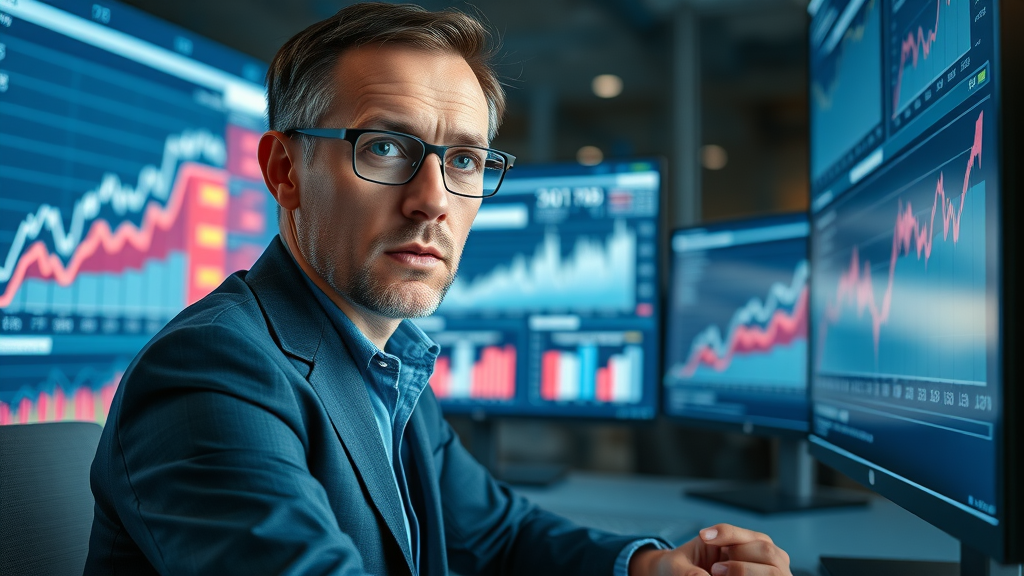 Financial analyst analyzing profit growth on digital screens for a professional services firm