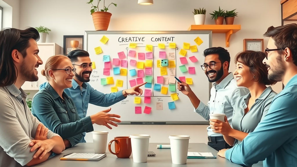 content marketing brainstorm: diverse team collaborating creatively, colorful sticky notes, lively local office