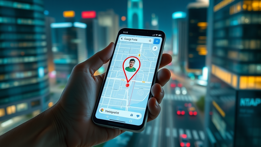 Google Maps business profile pin highlighted, mobile map screen, urban cityscape