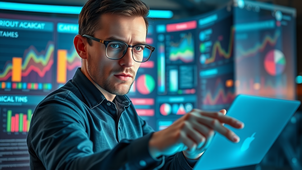 Market Research for Target Audience Identification: Marketer Reviewing Customer Data Dashboard