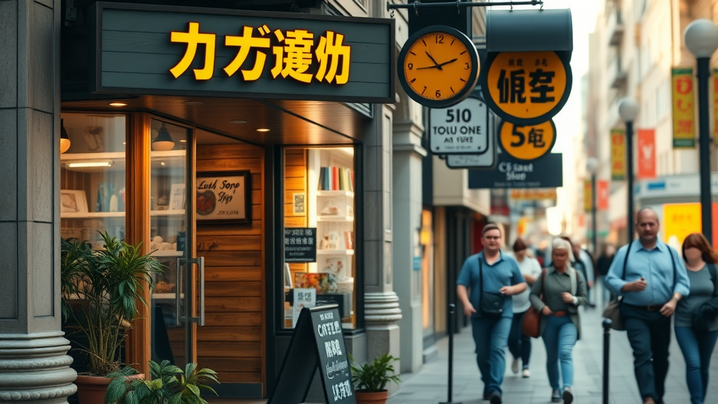 local seo strategies vibrant local storefront with foot traffic and welcoming customers, lively city street background