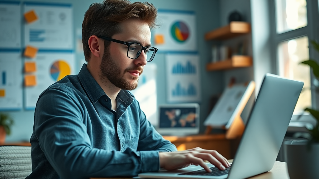 content strategist analyzing audience data to build brand voice development strategy in a modern workspace