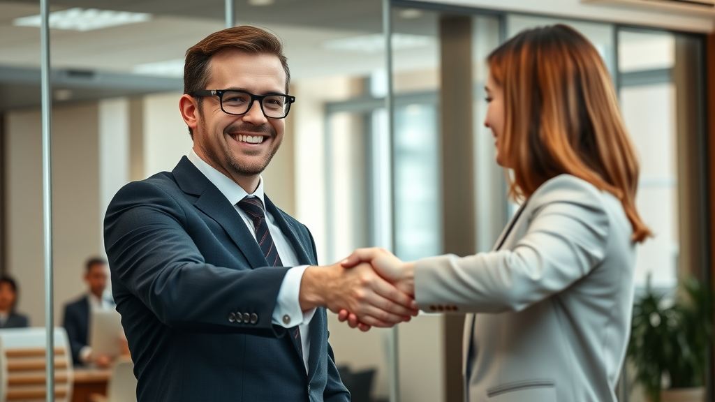 law firm SEO strategies: confident lawyer shaking hands with client, modern law office, positive SEO results