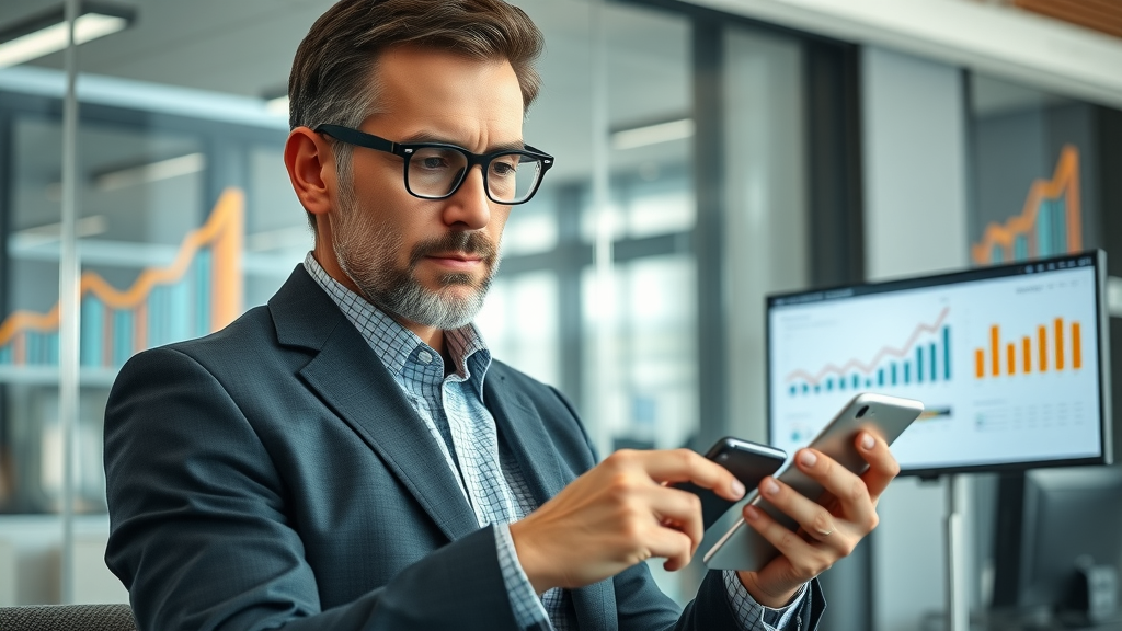 digital-age business leader analyzing online reviews for brand reputation management in a modern office