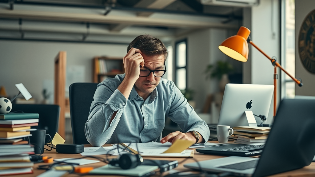 overwhelmed marketer dealing with common digital marketing mistakes in a cluttered workspace