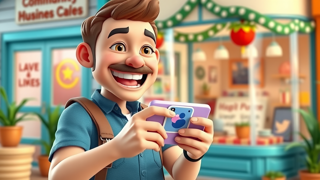 social media content creation: small business owner filming Instagram video, storefront decorated for local event