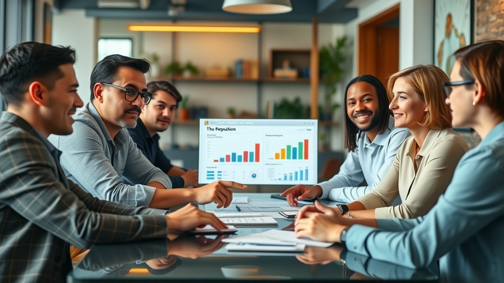 diverse local business team discussing digital reputation management strategies