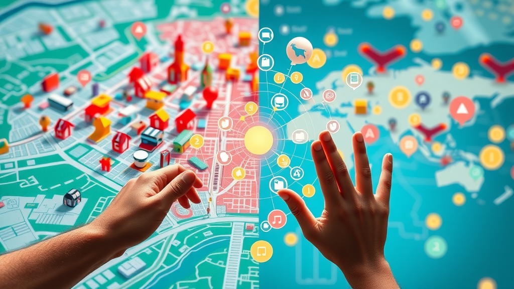 contrasting digital maps illustration, cheerful local business icons vs. global internet icons for understanding local and general online presence
