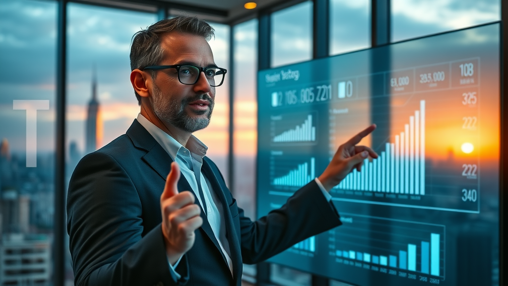 visionary leader presenting digital marketing strategy on touchscreen board, showing projected analytics and business goals