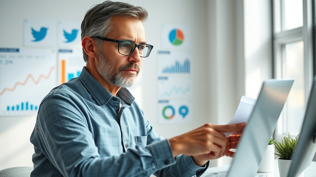 senior strategist reviewing social media platform analytics and charts for marketing services