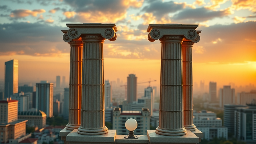 brand reputation management represented by elevated pillars standing proudly in a dynamic cityscape
