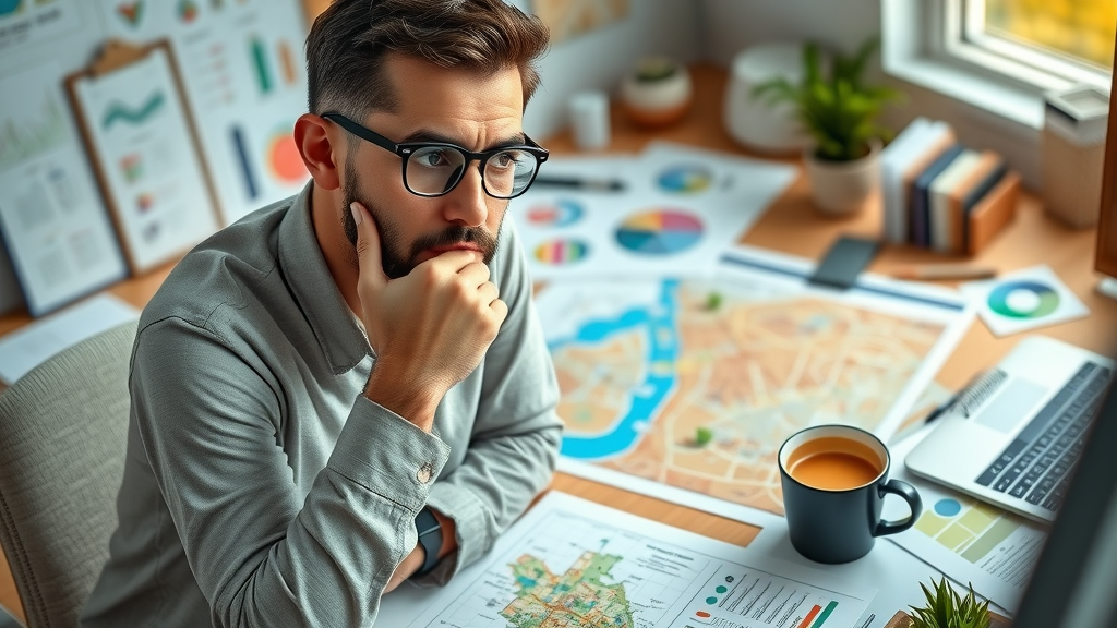 small business owner planning local business marketing with vibrant area map and business charts