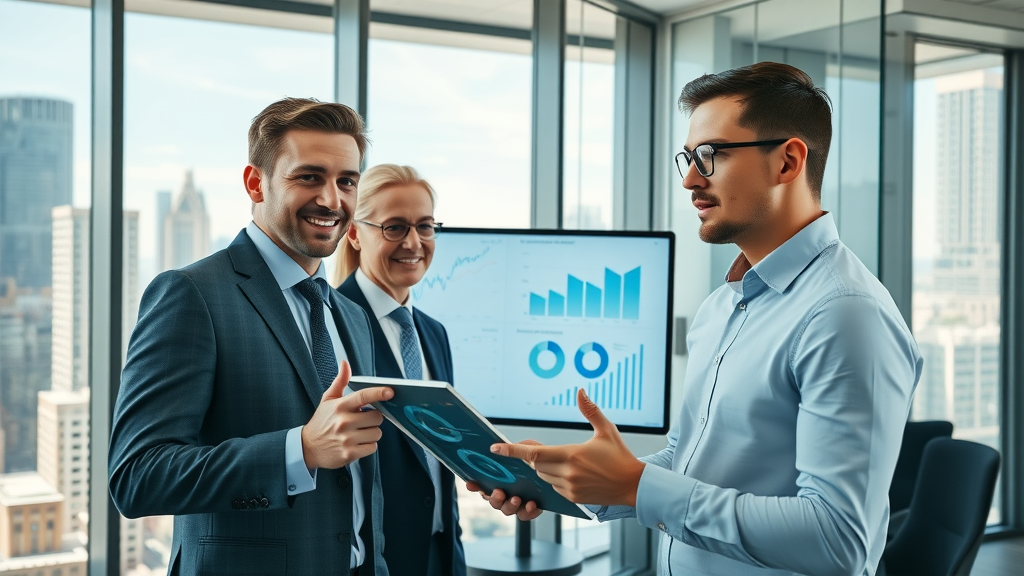modern business professionals analyzing digital marketing strategies, sleek office with digital dashboards and city view