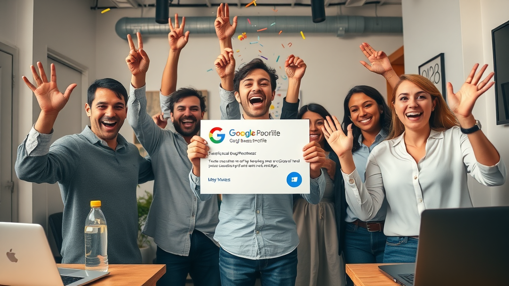 happy local business team celebrating Google Business Profile verification, optimizing for local search ranking factors