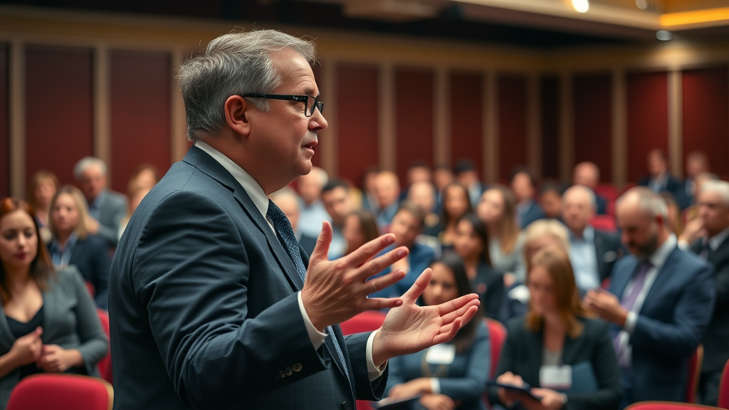law firm SEO strategies backlink building: attorney presenting at legal conference, engaging audience