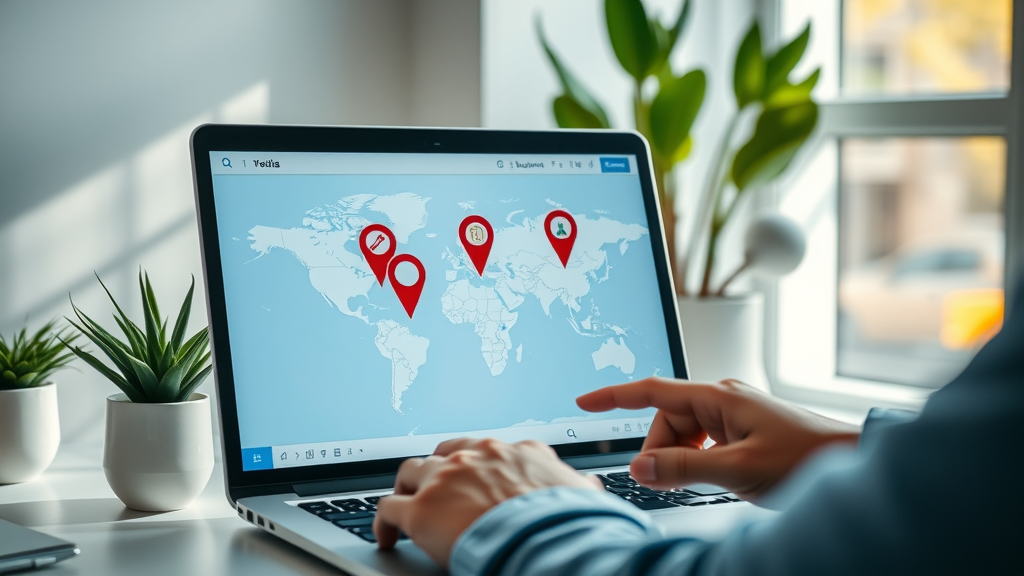 modern user interface, digital map on laptop, three prominent business pins, user pointing, clean office, google business places 3 pack visibility