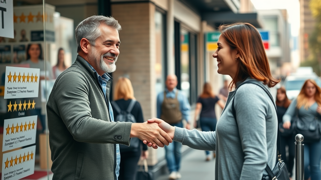 Business owner and happy customer exchanging smiles and handshakes, highlighting 5-star reviews in front of a storefront for service businesses