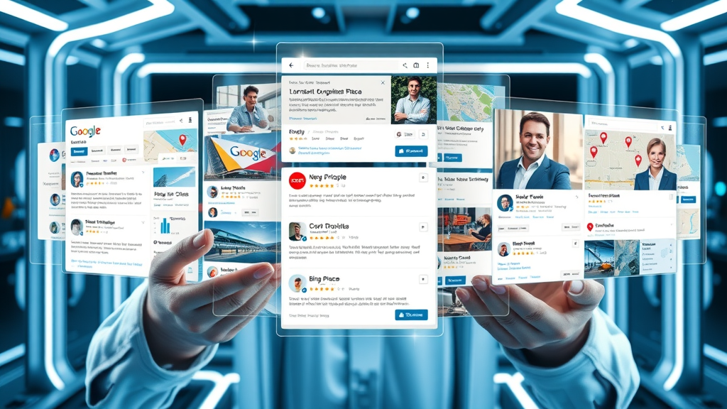 collage showing Google Business, Yelp, Bing Places listings for enhanced local online presence