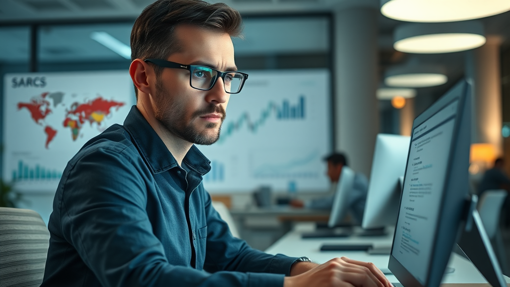 professional digital marketer at work, analyzing local SEO data, digital charts and maps, modern office, local SEO ranking factor impact, data visualization overlays