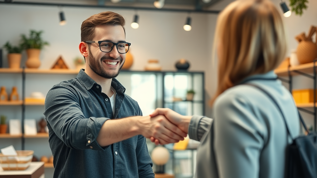 Confident small business owner shaking hands with a customer, local business marketing tips fostering trust