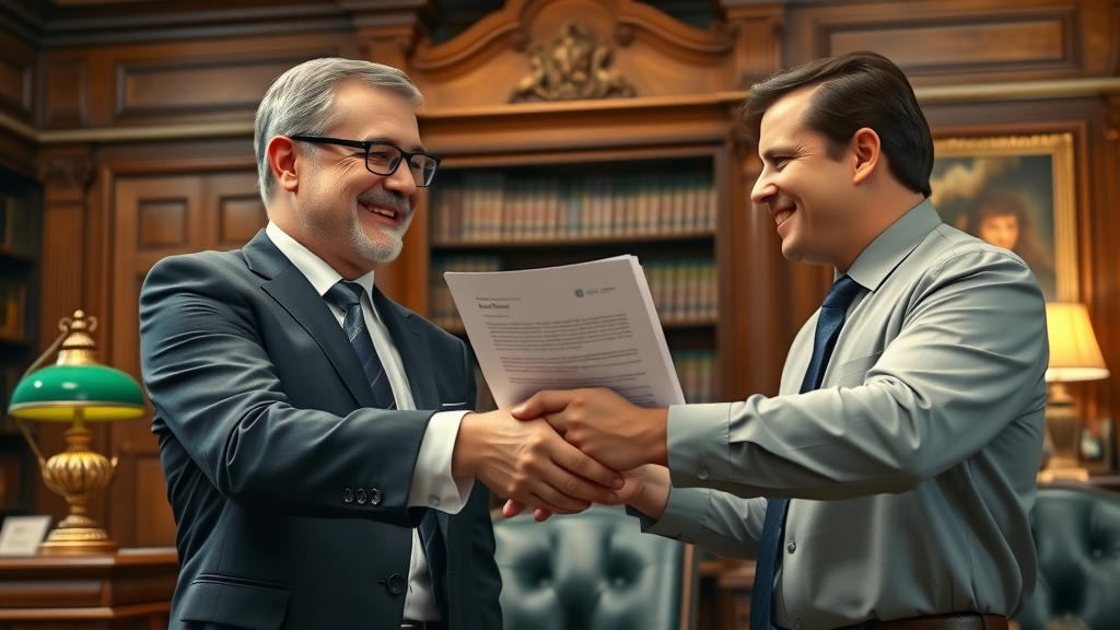 Retaining and upselling legal clients for client acquisition for attorneys: Attorney and loyal client shaking hands, agreement and trust in a classic law office setting