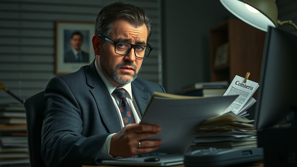 worried lawyer, checking poor PPC ad results, frustrated expression, Horror, dimly lit office with paperwork and outdated computer, highly detailed, dynamic pile of rejected ads spilling out, dull muted palette, harsh desk lamp lighting, shot with a 90mm lens