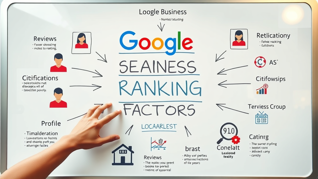 modern infographic of local search ranking factors including Google business profiles, reviews, citations, on-page SEO, local ranking
