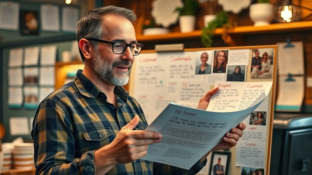 small business local content marketing: owner reviewing positive customer feedback, testimonial wall, cozy shop