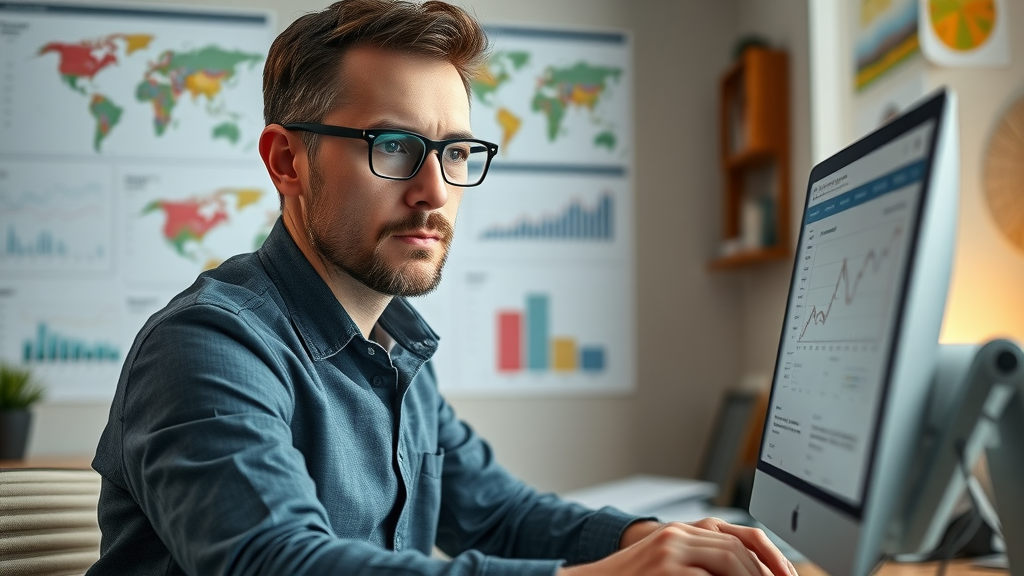 SEO expert analyzing local business data analytics, creative office with maps and charts, ranking in Google 3 Pack