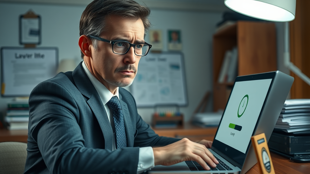 Frustrated lawyer waiting for slow-loading website, highlighting lawyer website optimization errors