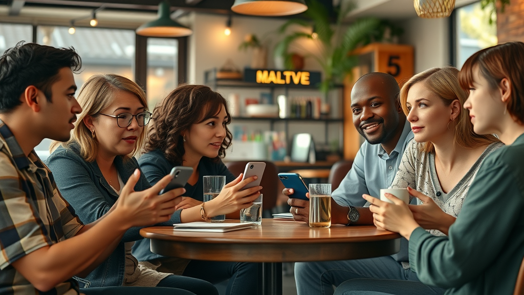 diverse group of local customers discussing favorite social media platforms in café