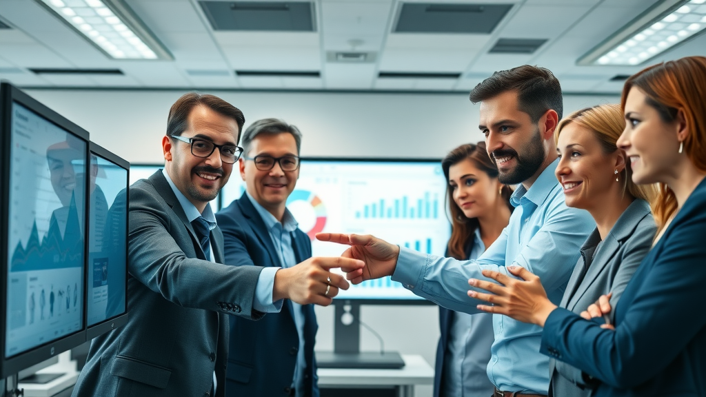 dynamic business team analyzing online reviews, reputation management strategies, digital dashboard in modern office