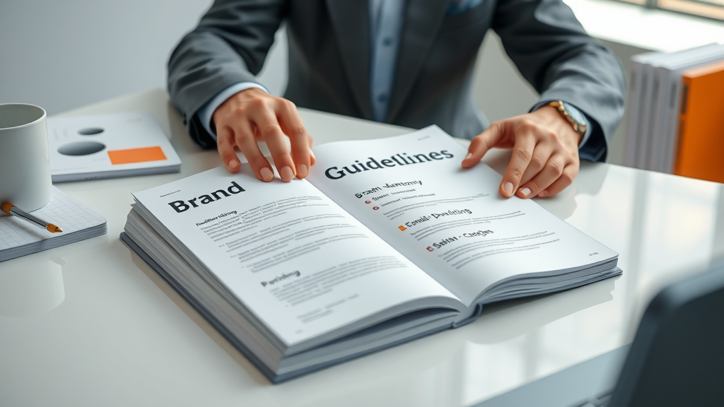 style guide for brand tone and style on modern desk with company branding