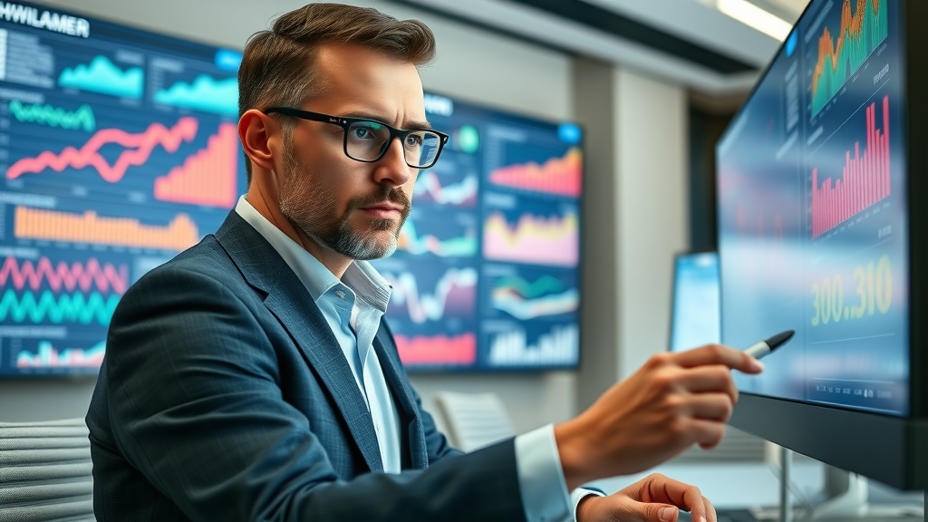 Digital marketing manager evaluating PPC campaign reports and ROI on large digital screens