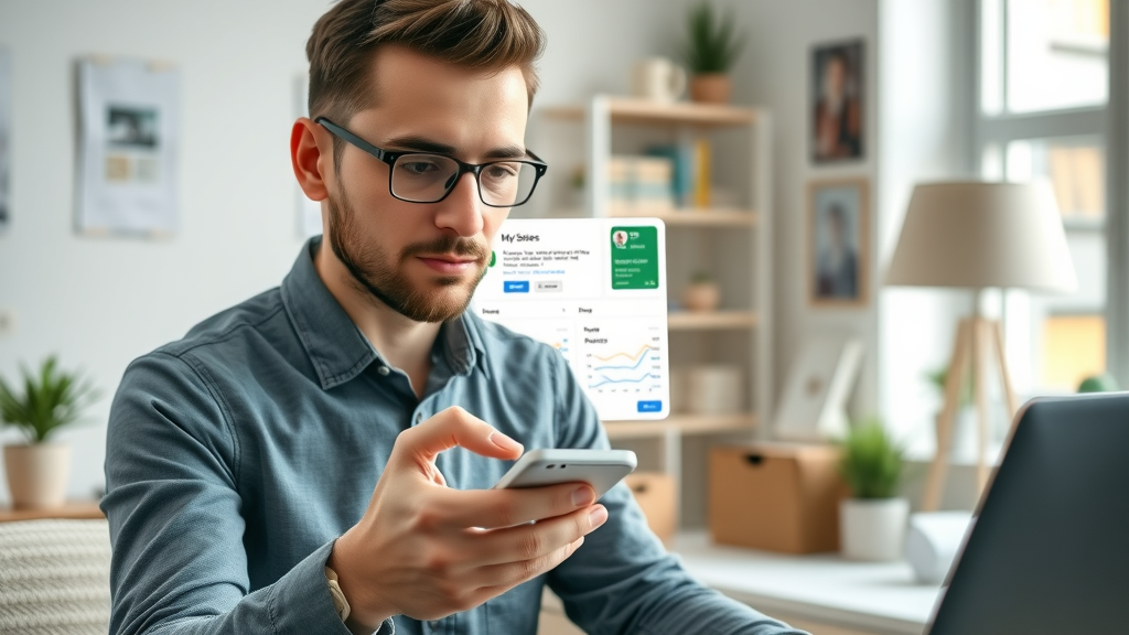 Google My Business dashboard, business owner verifying profile, entering code on smartphone, organized workspace
