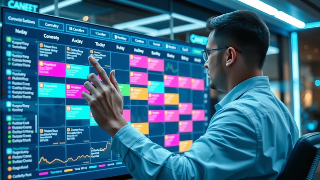 content calendar marketing techniques digital dashboard marketer organizational campaign blocks touchscreen high-tech office