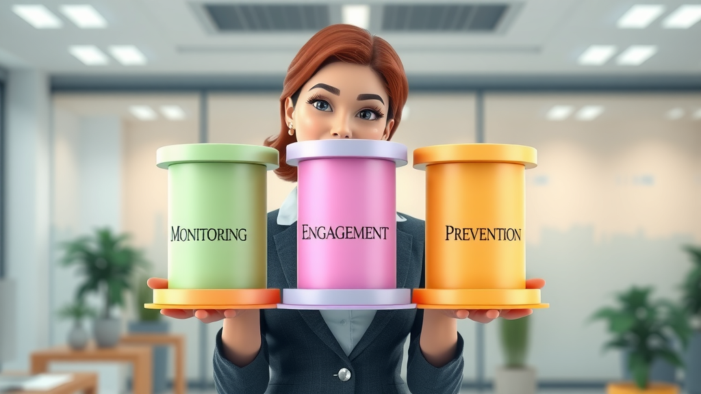 businesswoman presenting three pillars of brand reputation management in a bright office