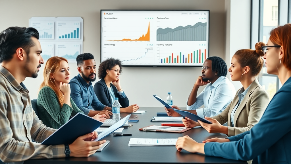 diverse customer service team in a meeting, thoughtful and collaborative, discussing review trends and strategy, customer reviews, modern meeting room with review dashboards