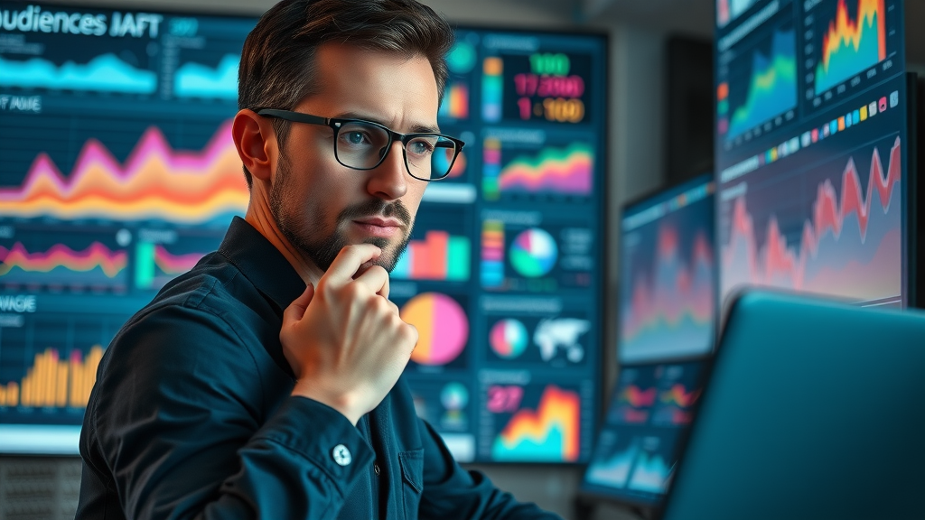 local content marketing strategies digital dashboard: marketer analyzing audience data, engaging graphs and charts, tech-inspired colors