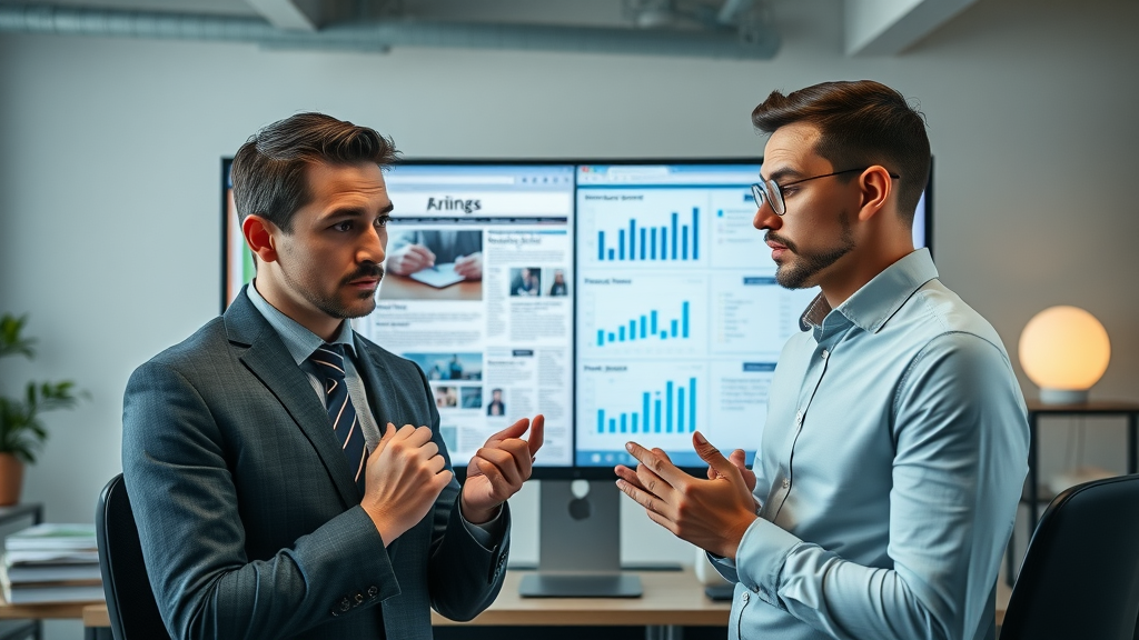 Traditional marketing vs. internet marketing comparison with team analyzing digital and print results
