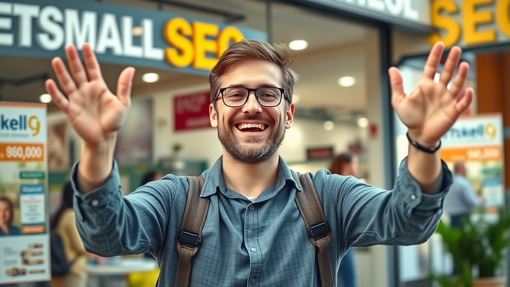 enthusiastic small business owner celebrating successful local business SEO results