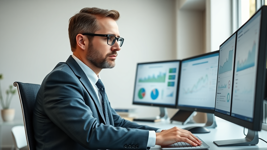 sleek modern law office, focused attorney at computer, analyzing PPC campaign results, Photorealistic High Fidelity Lifelike, bright professional office background with legal books and computer screens displaying charts, highly detailed, dynamic charts and graphs shown on computer, sharp detail, neutral palette, soft natural light, shot with a 50mm lens
