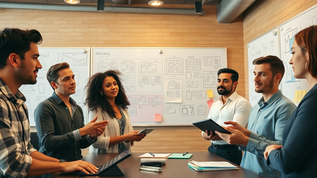 Diverse marketing team developing audience personas to improve ad ROI