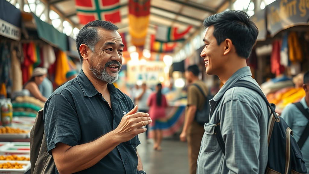 Local market scene, influencer interviewing happy customer, testimonial content marketing for local businesses