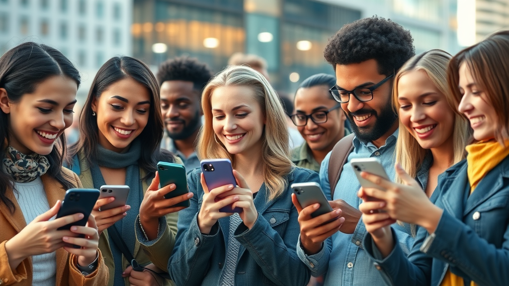 social media marketing: diverse audience engaging on smartphones in a contemporary city with social media icons, vibrant colors