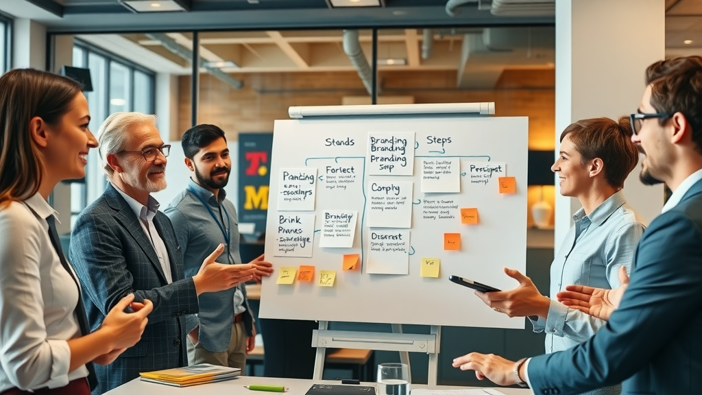 Consultants mapping out branding process steps for a professional services firm on a whiteboard