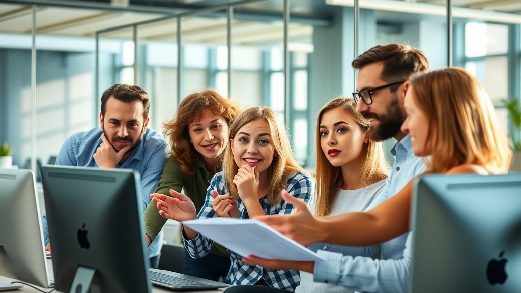 content marketing tips digital marketing team collaborating content strategy modern workspace